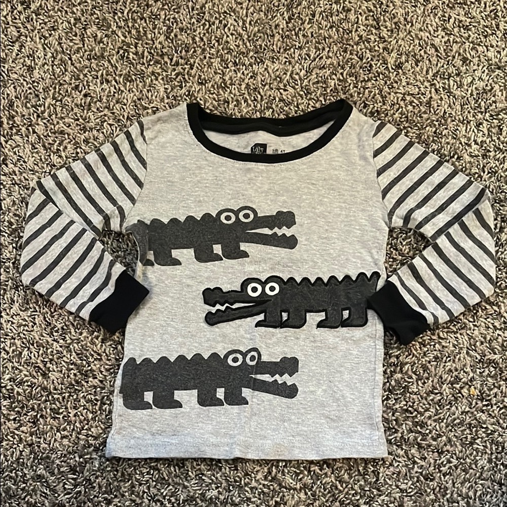 Striped Gray Kids Pajama Top with Crocodile Design
